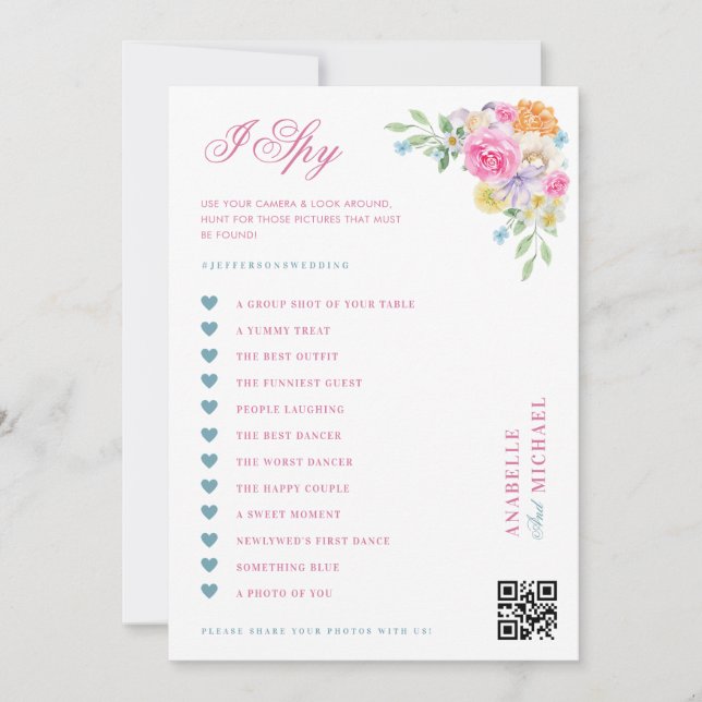 Rosa & Blå Blommig Bröllop I Spy Jakt Spelkort Inbjudningar (Framsida)