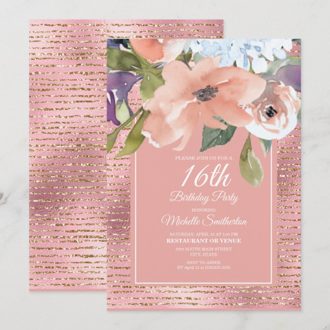 Rosa Blå Blommig Guld Glitter Flickas 16-årsdag Kort (Fram/baksida)