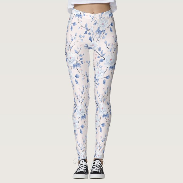 Rosa Blå Blommig Hjärtan Leggings (Framsida)