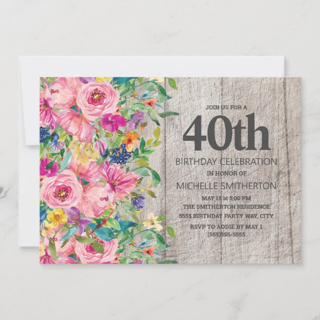 Rosa Blå Blommig Rustik Trä 40-års Födelsedagsfest Inbjudningar (Framsida)