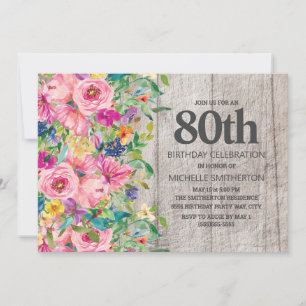 Rosa Blå Blommig Rustik Trä 80-års Födelsedagsfest Inbjudningar