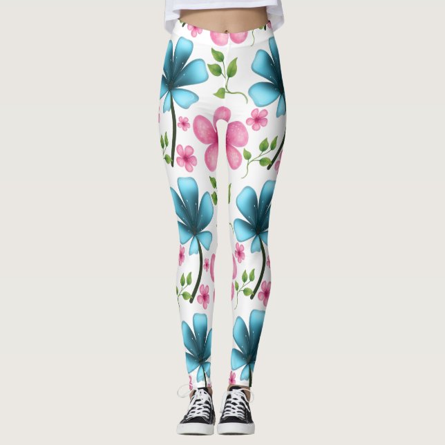 Rosa & Blå Blommig Sömlös Mönster Leggings (Framsida)