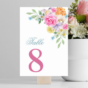 Rosa & Blå Blommig Sommarblomning Bord 8 Bröllop Bordsnummer