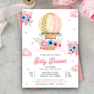 Rosa Blå Blommig Varm Luft Ballong Flick Baby Show Inbjudningar