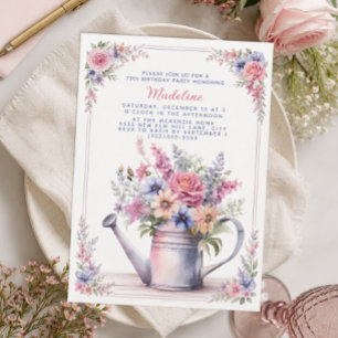 Rosa Blå Blommig Vattningskanna 75-årsdag Inbjudningar