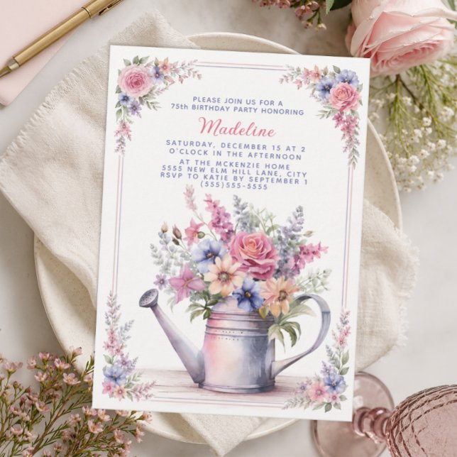 Rosa Blå Blommig Vattningskanna 75-årsdag Inbjudningar (Vintage watering can 75th birthday invitation)