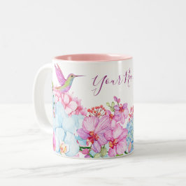 Rosa blå blommigt gren med fågel Två-Tonad mugg