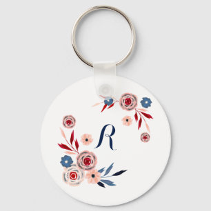 Rosa, blå blommor, blommönster, personlig nyckelring