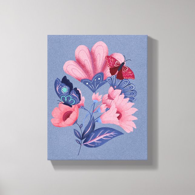 Rosa Blå Blommor Fjärilar Folk Art  Canvastryck (Framsida)