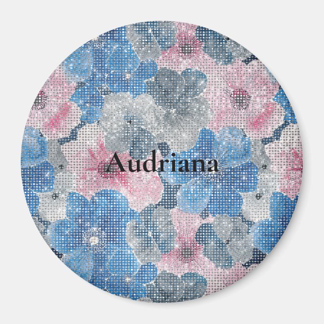 Rosa Blå Blommor Glittrar Magnet (Framsidan)