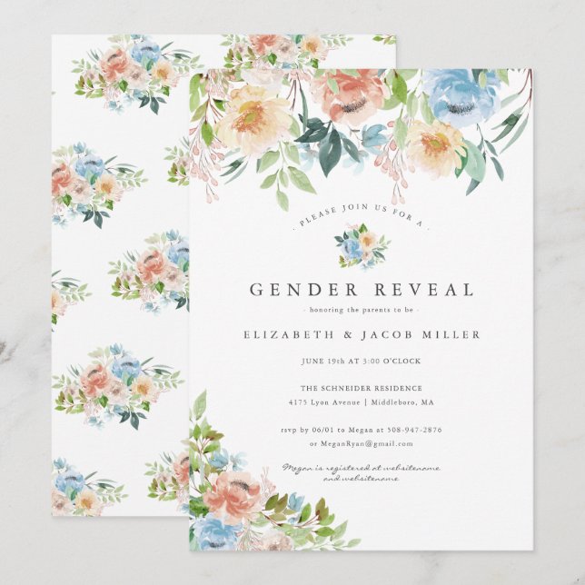 Rosa & Blå Blommor | Köns Avslöjande Baby Shower (Fram/baksida)