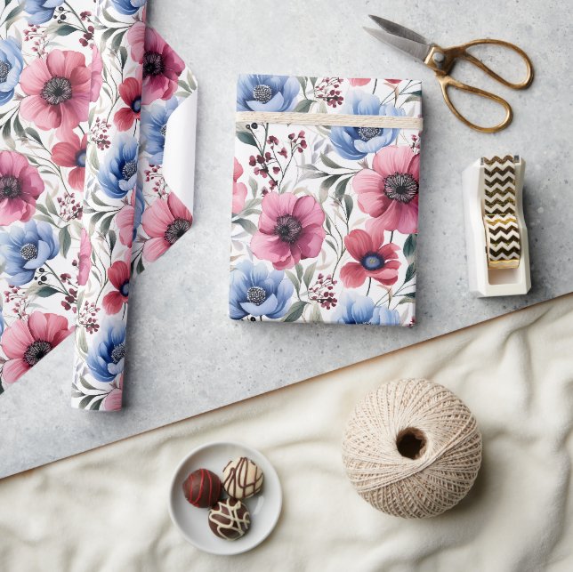Rosa Blå Botanisk Blommande Inpackningspapper  Presentpapper (Hantverk)