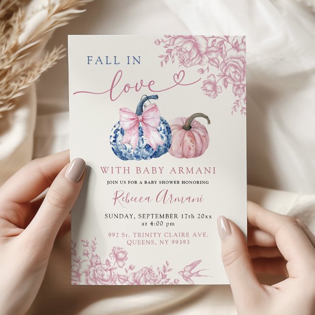 Rosa Blå Chinoiserie Pumpkin Fall i kärlek dusch Inbjudningar (Skapare uppladdad)