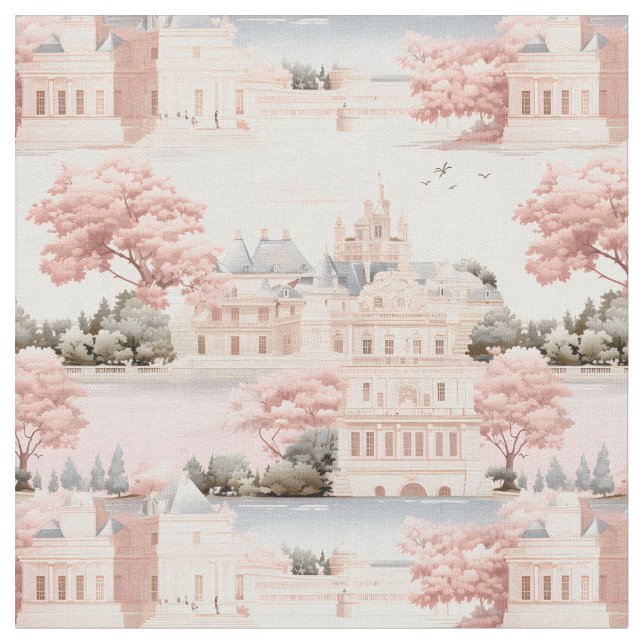 Rosa, Blå & Elfenbensfärgat Landskap Tyg (Närbild)