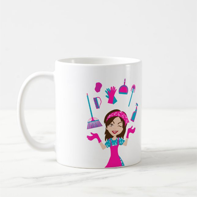 Rosa Blå Färg Tecknad Husstädservice Kaffemugg (Vänster)