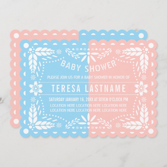Rosa, blå gender visar papel picado babydusch inbjudningar (Fram/baksida)