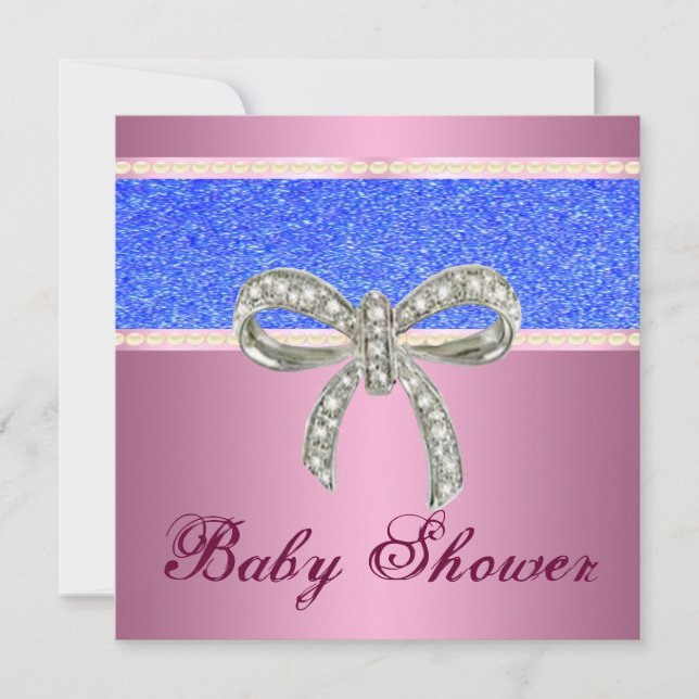 Rosa Blå Glitter Diamantbåge Bebis Shower Inbjudan (Framsida)