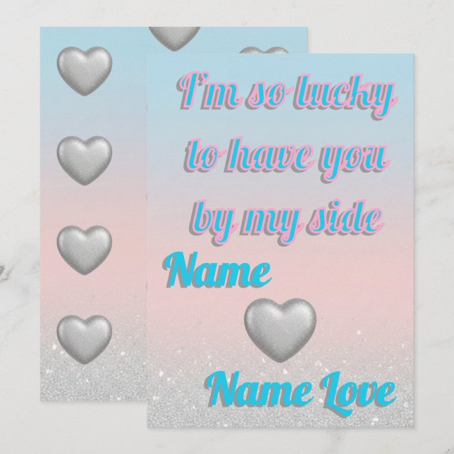 Rosa Blå Gradient 3D Silver Hjärtan Valentinskort Julkort (Fram/baksida)