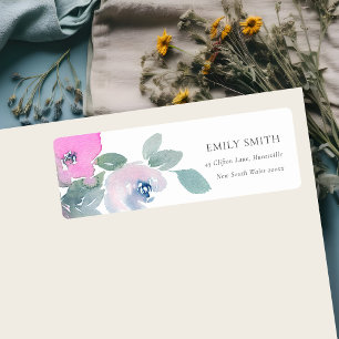 Rosa Blå Grön Ros Vattenfärg Blommig Adress Returadress Etikett