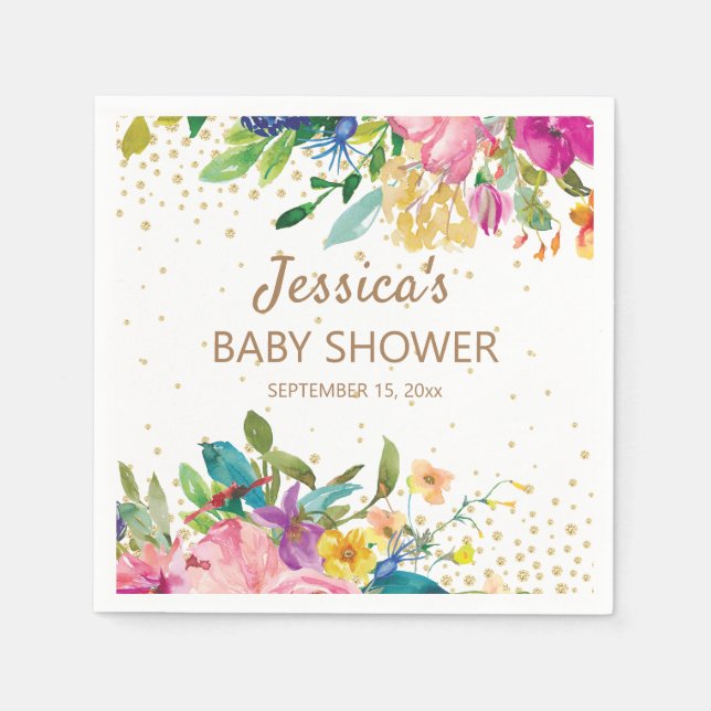 Rosa Blå Gul Baby Shower Guld Glitter Vit Pappersservett (Framsidan)