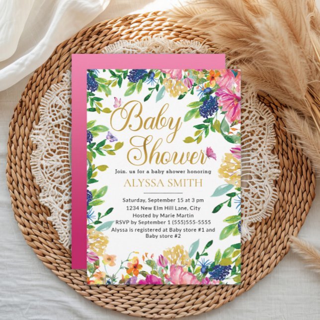 Rosa Blå Gul Blommig Fjärilar Barnkalas Inbjudningar (Pink, blue, and yellow watercolor floral and butterflies baby girl baby shower invitation)