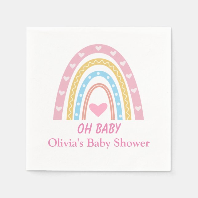 Rosa Blå Gul Boho Regnbåge Oh Baby Shower  Pappersservett (Framsidan)