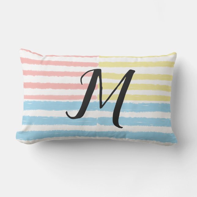 Rosa Blå Gula Ränder Monogram  Lumbarkudde (Framsida)