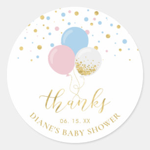 Rosa, Blå & Guld Ballonger Baby Shower Förmån Runt Klistermärke