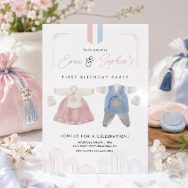 Rosa Blå Hanbok Koreansk Doljanchi Första Födelsed Inbjudningar