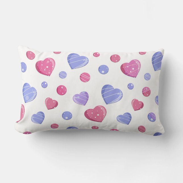 Rosa, blå hjärtan på vit bakgrund. lumbarkudde (Framsida)