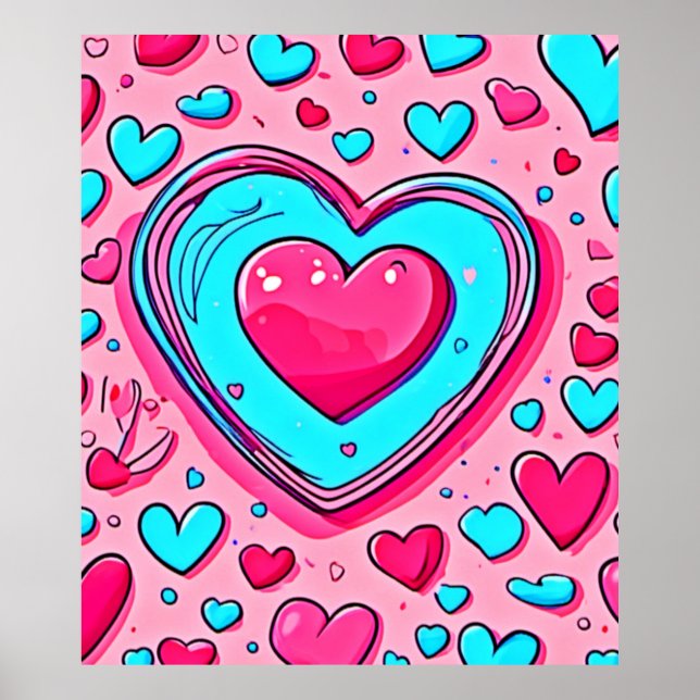 Rosa Blå Hjärtmönster Poster (Framsidan)