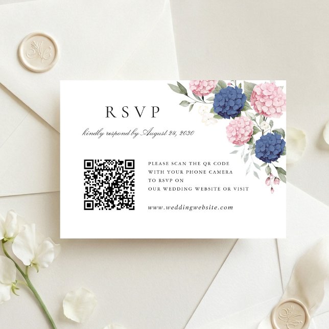 Rosa & Blå Hydrangea Bröllops QR-kod RSVP-kort Inbjudningar (Skapare uppladdad)