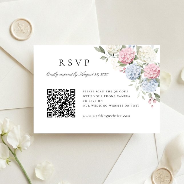 Rosa & Blå Hydrangea Bröllops QR-kod RSVP-kort Inbjudningar (Skapare uppladdad)