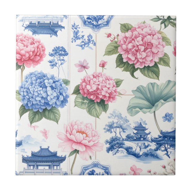 Rosa Blå Hydrangea Peony Trädgård Kakelplatta (Framsidan)