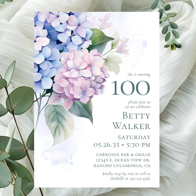  Rosa Blå Hydrangeas 100-årsfest Inbjudningar (Skapare uppladdad)