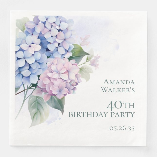 Rosa Blå Hydrangeas 40-års Födelsedagsfest Pappersservett (Framsida)