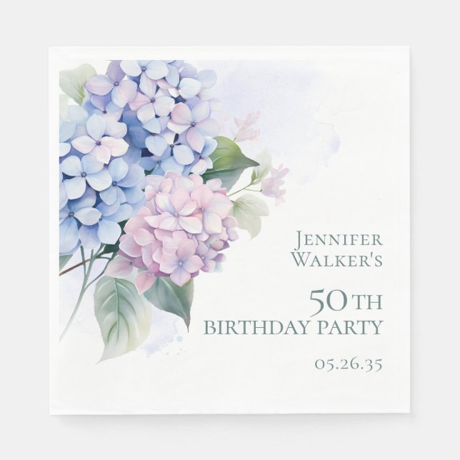 Rosa Blå Hydrangeas 50-års Födelsedagsfest Pappersservett (Framsidan)