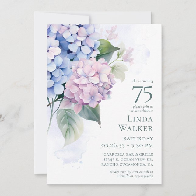  Rosa Blå Hydrangeas 75-års FödelsedagsKort Förfrå Inbjudningar (Framsida)