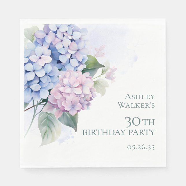 Rosa Blå Hydrangeor 30-års Födelsedagsfest Pappersservett (Framsidan)