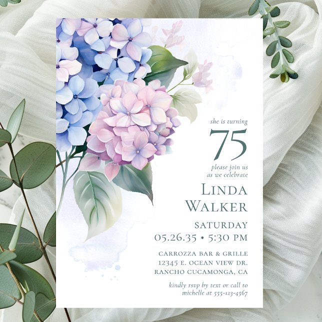 Rosa Blå Hydrangeor 75-års Födelsedagsfest Inbjudningar (Skapare uppladdad)
