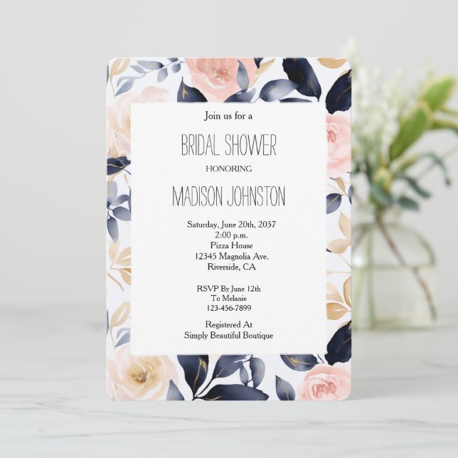 Rosa Blå Kräm Blommig Bröllopsdusch Inbjudningar (Stående Fram)