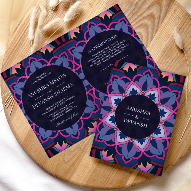 Rosa Blå Lila Etnisk Mandala Indisk Bröllopsinbjud Inbjudan (Skapare uppladdad)