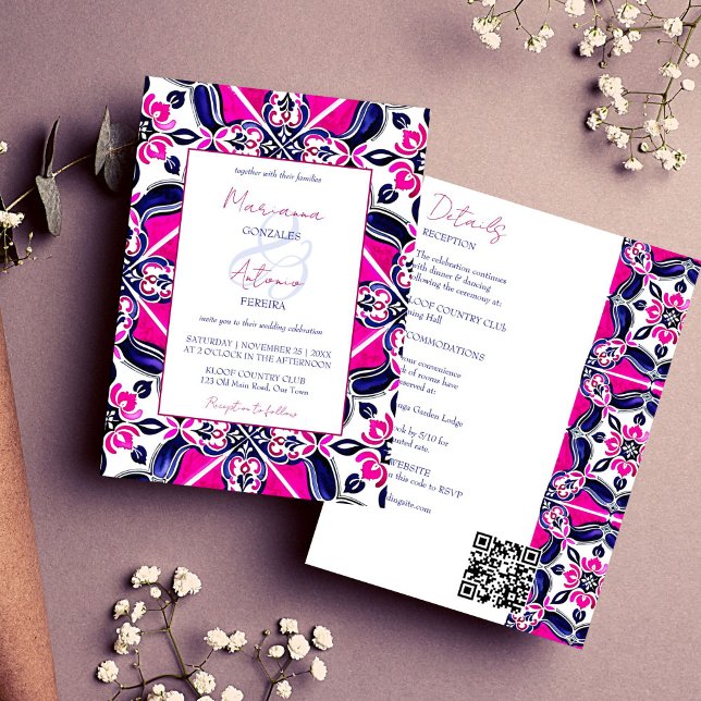 Rosa blå mexikansk panel i en bröllop-mall inbjudningar (Pink blue Mexican Talavera Majolica tile all in one wedding template invitation digital download)