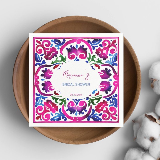 Rosa blå mexikanska kakel bröllopsdusch serviser pappersservett (Magenta pink blue Mexican Spanish Talavera tiles bridal shower tableware personalized napkins fiesta)