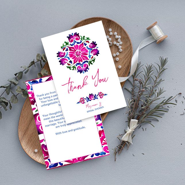Rosa blå mexikanska kakelplattor bröllopsfest tack kort (Pink blue Mexican Spanish talavera tiles bridal shower thank you card wedding thank you card)