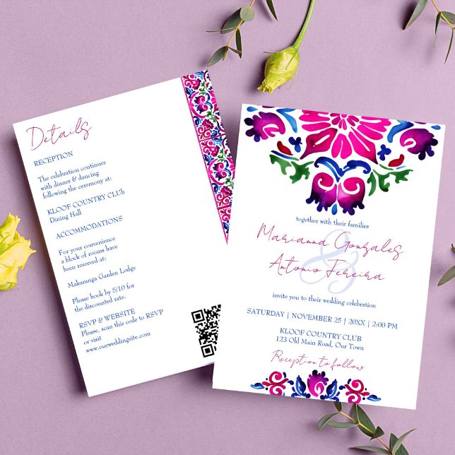 Rosa blå mexikanska plattor i hela bröllop inbjudningar (Pink blue Mexican Talavera tiles wedding all in one editable template invitation watercolor tiles)