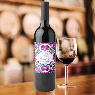 Rosa blå mexikanska plattor möhippa chebe vinflaska etikett