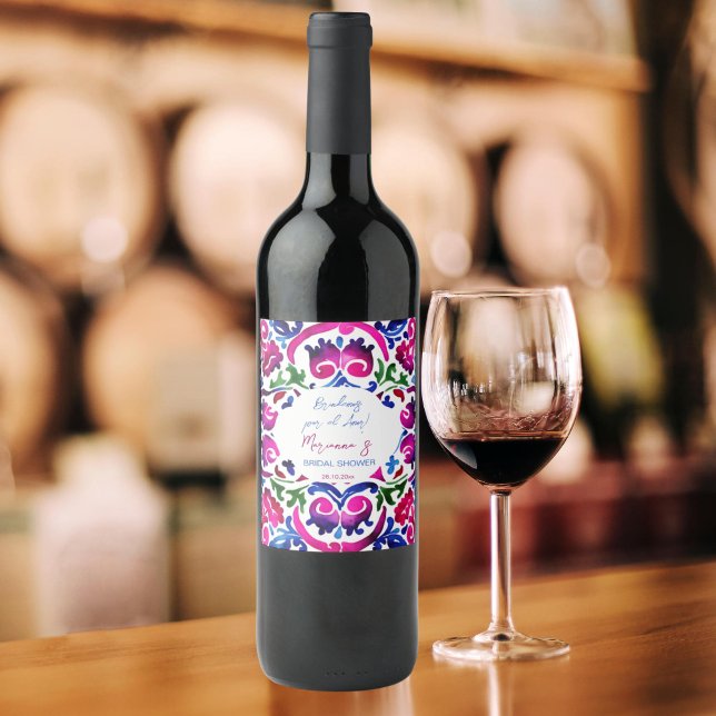 Rosa blå mexikanska plattor möhippa chebe vinflaska etikett (Mexican Talavera tiles pink blue fiesta Mexicana personalized wine labels cheers to love Brindemos )