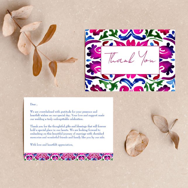 Rosa blå mexikanska Talavera-kakelbröllop tack (Pink blue Mexican Talavera tiles wedding thank you cards Fiesta Mexicana thank you cards magenta)