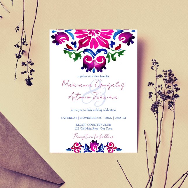 Rosa blå mexikanska talavera-plattor bröllop inbjudningar (Pink blue Mexican talavera tile wedding Invitation template digital download bold color folk pattern)